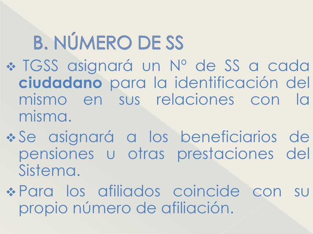 B. NÚMERO DE SS TGSS asignará un Nº de SS a cada ciudadano para la identificación del mismo en sus relaciones con la misma.