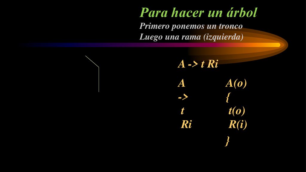Para hacer un árbol A -> t Ri A -> t Ri A(o) { t(o) R(i) }