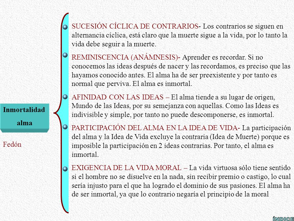 SUCESIÓN CÍCLICA DE CONTRARIOS- Los contrarios se siguen en alternancia cíclica, está claro que la muerte sigue a la vida, por lo tanto la vida debe seguir a la muerte.