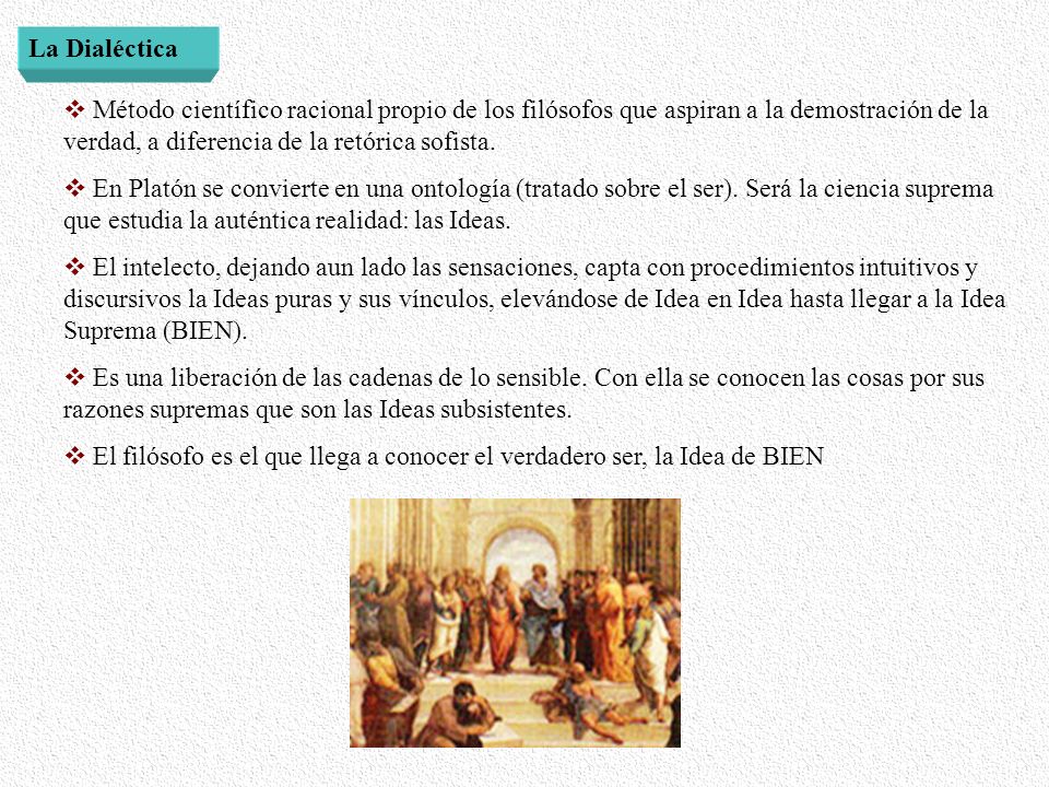 La Dialéctica Método científico racional propio de los filósofos que aspiran a la demostración de la verdad, a diferencia de la retórica sofista.