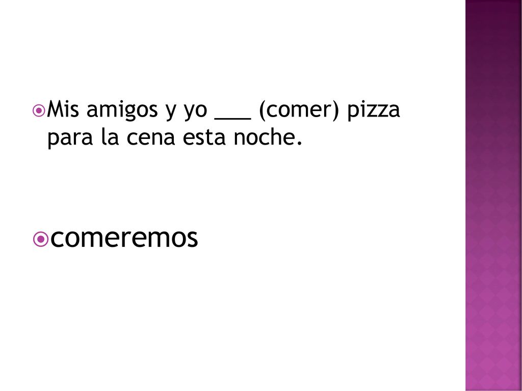 Mis amigos y yo ___ (comer) pizza para la cena esta noche.