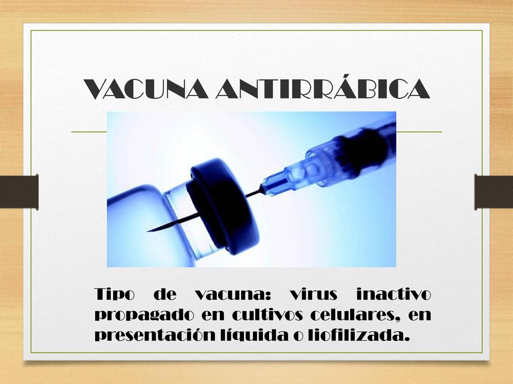 VACUNA ANTIRRÁBICA Tipo de vacuna: virus inactivo propagado en cultivos celulares, en presentación líquida o liofilizada.