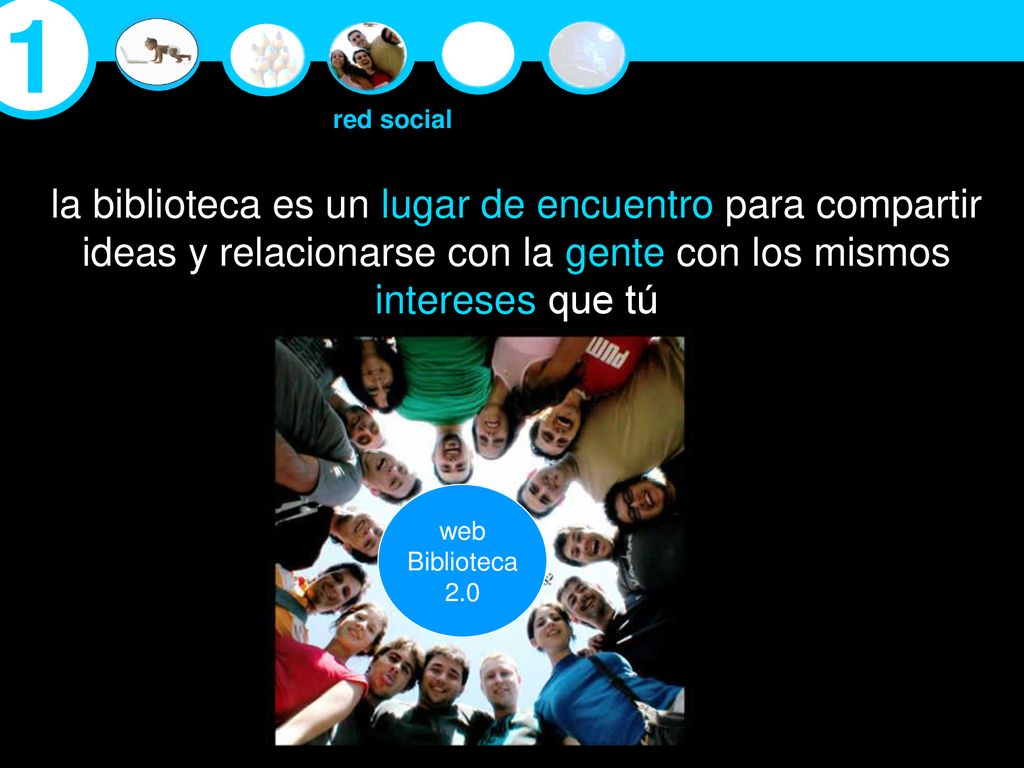 1 red social. la biblioteca es un lugar de encuentro para compartir ideas y relacionarse con la gente con los mismos intereses que tú.