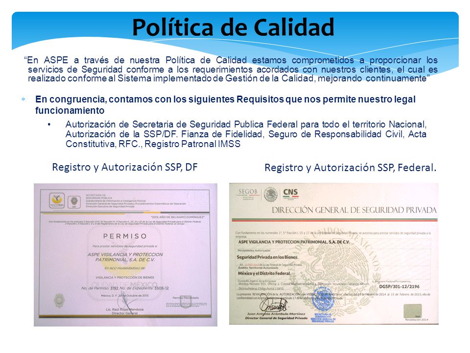 Política de Calidad Registro y Autorización SSP, DF