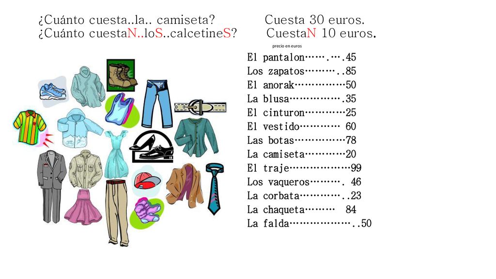 ¿Cuánto cuesta. la. camiseta. Cuesta 30 euros. ¿Cuánto cuestaN. loS