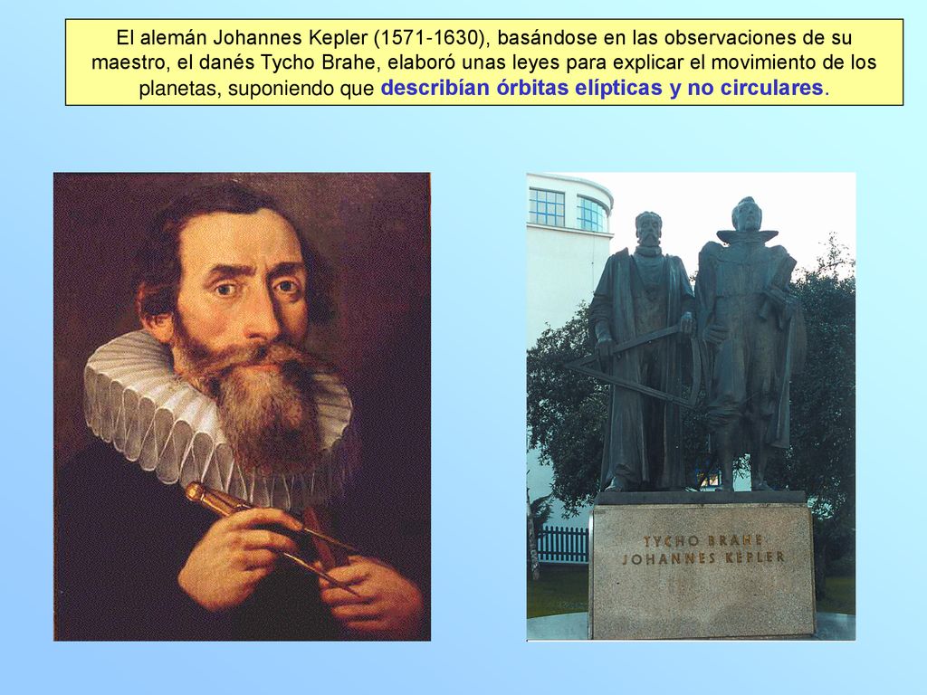 El alemán Johannes Kepler ( ), basándose en las observaciones de su maestro, el danés Tycho Brahe, elaboró unas leyes para explicar el movimiento de los planetas, suponiendo que describían órbitas elípticas y no circulares.