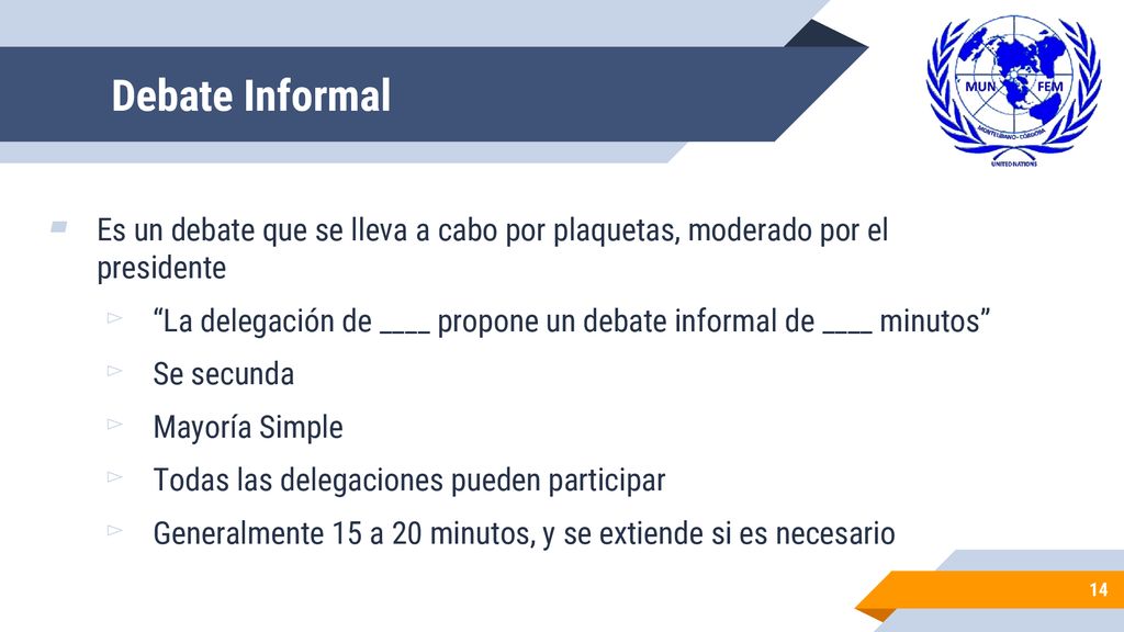 Debate Informal Es un debate que se lleva a cabo por plaquetas, moderado por el presidente.