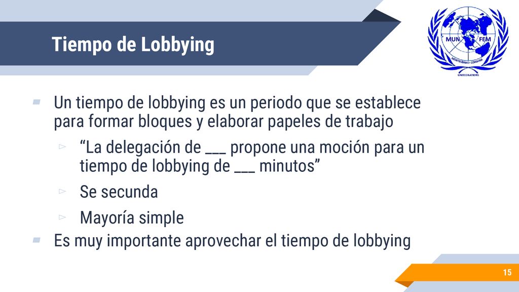 Tiempo de Lobbying Un tiempo de lobbying es un periodo que se establece para formar bloques y elaborar papeles de trabajo.