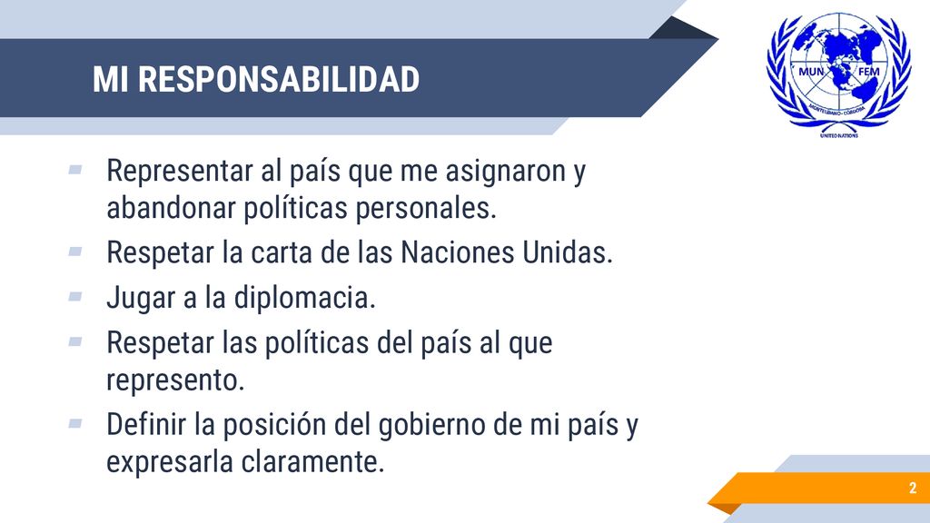 MI RESPONSABILIDAD Representar al país que me asignaron y abandonar políticas personales. Respetar la carta de las Naciones Unidas.