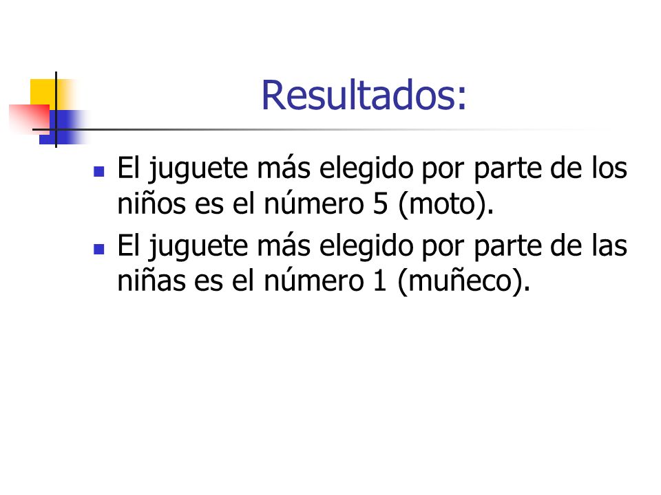 Resultados: El juguete más elegido por parte de los niños es el número 5 (moto).