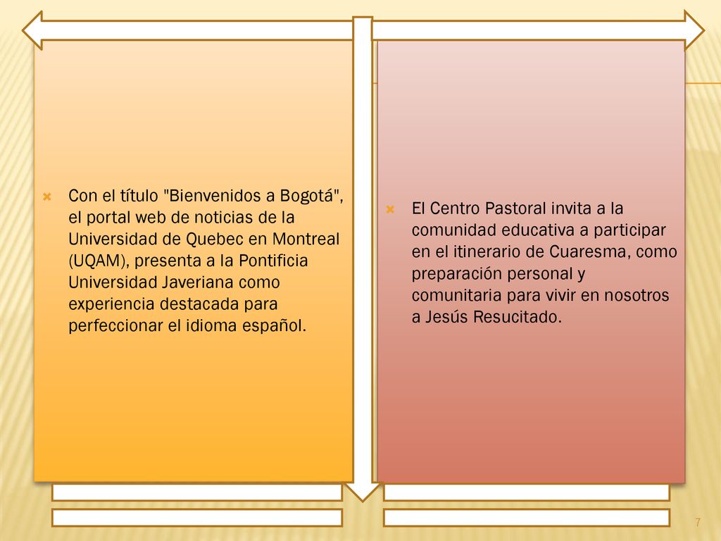 Con el título Bienvenidos a Bogotá , el portal web de noticias de la Universidad de Quebec en Montreal (UQAM), presenta a la Pontificia Universidad Javeriana como experiencia destacada para perfeccionar el idioma español.