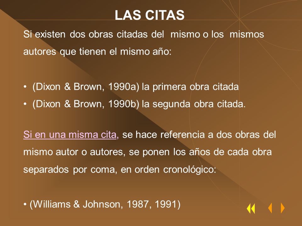 LAS CITAS Si existen dos obras citadas del mismo o los mismos autores que tienen el mismo año: (Dixon & Brown, 1990a) la primera obra citada.