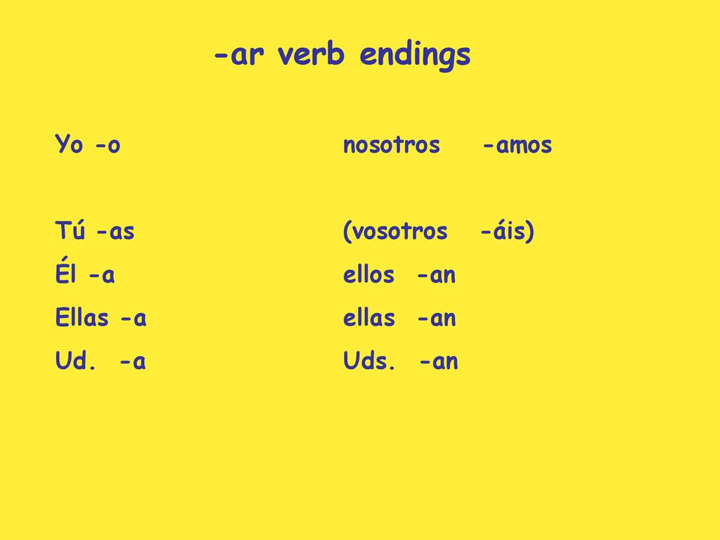 -ar verb endings Yo -o nosotros -amos Tú -as (vosotros -áis)