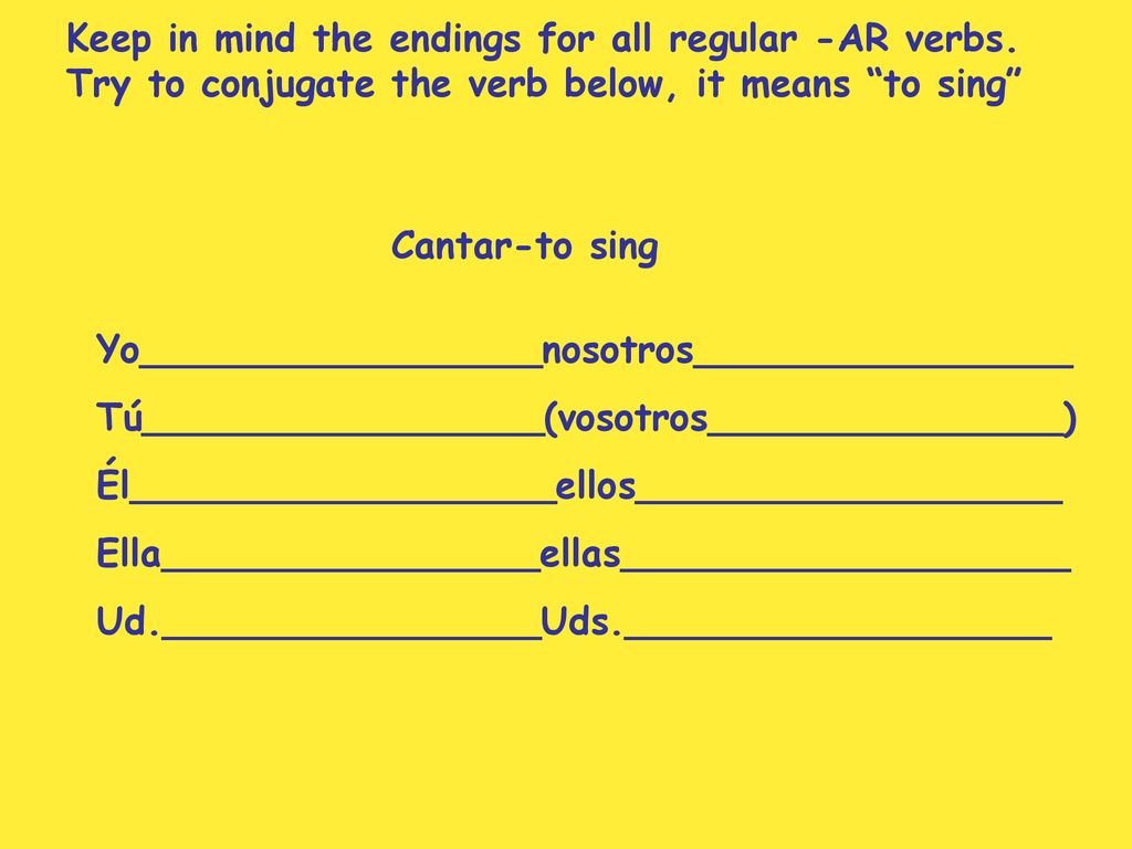 Keep in mind the endings for all regular -AR verbs.