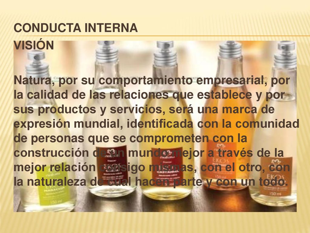 CONDUCTA INTERNA VISIÓN Natura, por su comportamiento empresarial, por la calidad de las relaciones que establece y por sus productos y servicios, será una marca de expresión mundial, identificada con la comunidad de personas que se comprometen con la construcción de un mundo mejor a través de la mejor relación consigo mismas, con el otro, con la naturaleza de cual hacen parte y con un todo.