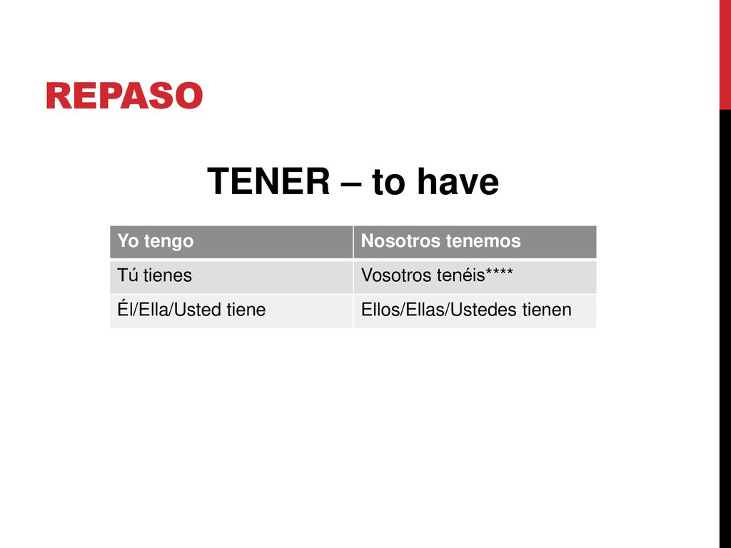 REPASO TENER – to have Yo tengo Nosotros tenemos Tú tienes
