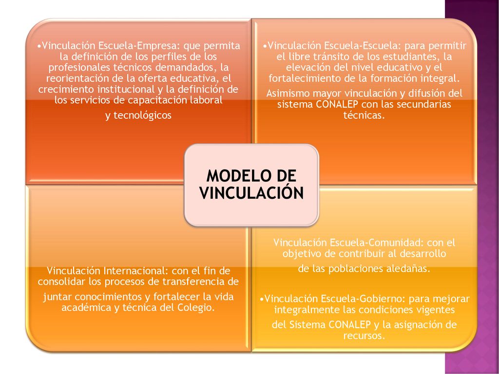 •Vinculación Escuela-Empresa: que permita la definición de los perfiles de los profesionales técnicos demandados, la reorientación de la oferta educativa, el crecimiento institucional y la definición de los servicios de capacitación laboral