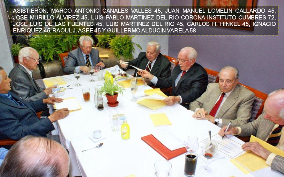 ASISTIERON: MARCO ANTONIO CANALES VALLES 45, JUAN MANUEL LOMELIN GALLARDO 45, JOSE MURILLO ALVIREZ 45, LUIS PABLO MARTINEZ DEL RIO CORONA INSTITUTO CUMBRES 72, JOSE LUIS DE LAS FUENTES 45, LUIS MARTINEZ DEL RIO 45, CARLOS H.