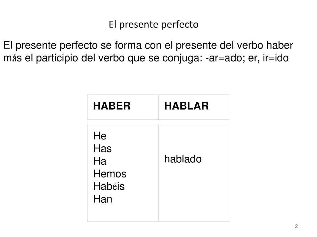 El presente perfecto El presente perfecto se forma con el presente del verbo haber más el participio del verbo que se conjuga: -ar=ado; er, ir=ido.