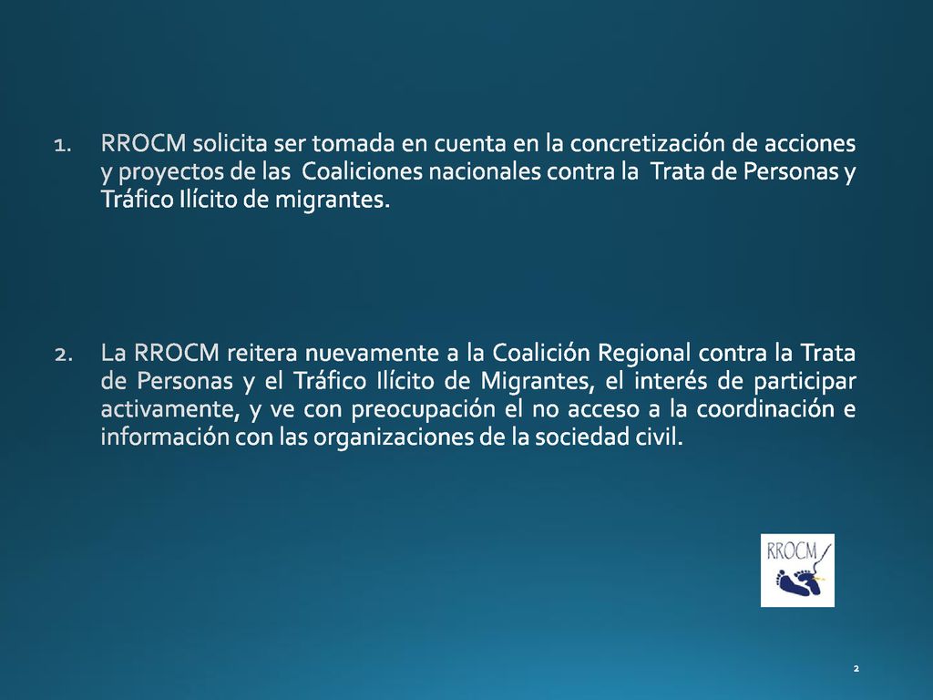 RROCM solicita ser tomada en cuenta en la concretización de acciones y proyectos de las Coaliciones nacionales contra la Trata de Personas y Tráfico Ilícito de migrantes.