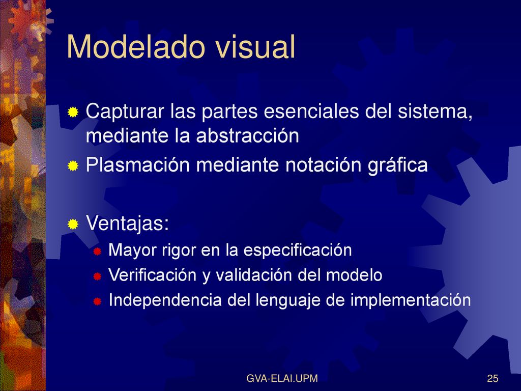 Modelado visual Capturar las partes esenciales del sistema, mediante la abstracción. Plasmación mediante notación gráfica.