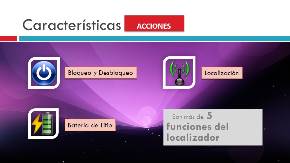 Características ACCIONES Bloqueo y Desbloqueo Localización
