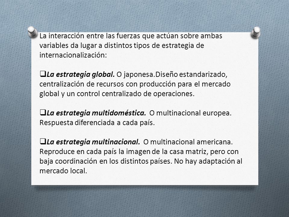 La interacción entre las fuerzas que actúan sobre ambas variables da lugar a distintos tipos de estrategia de internacionalización: