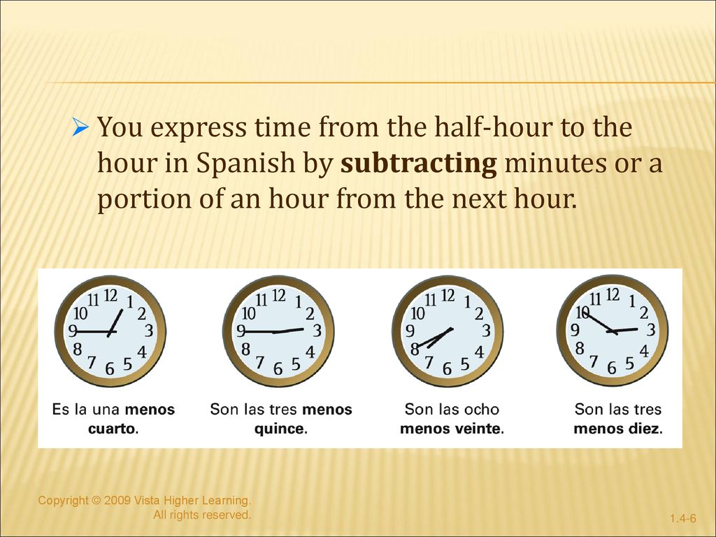 You express time from the half-hour to the hour in Spanish by subtracting minutes or a portion of an hour from the next hour.