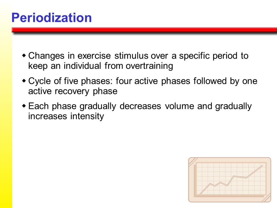Periodization w Changes in exercise stimulus over a specific period to keep an individual from overtraining.