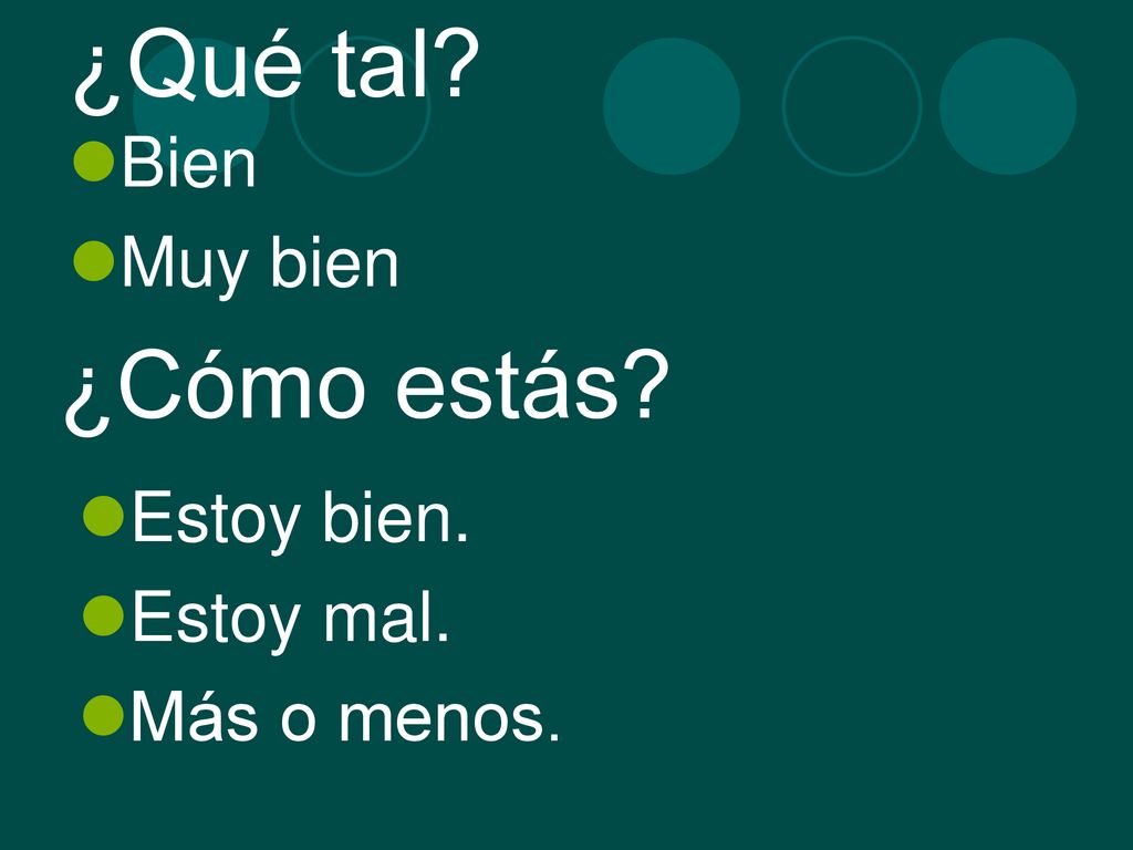 ¿Qué tal ¿Cómo estás Bien Muy bien Estoy bien. Estoy mal.