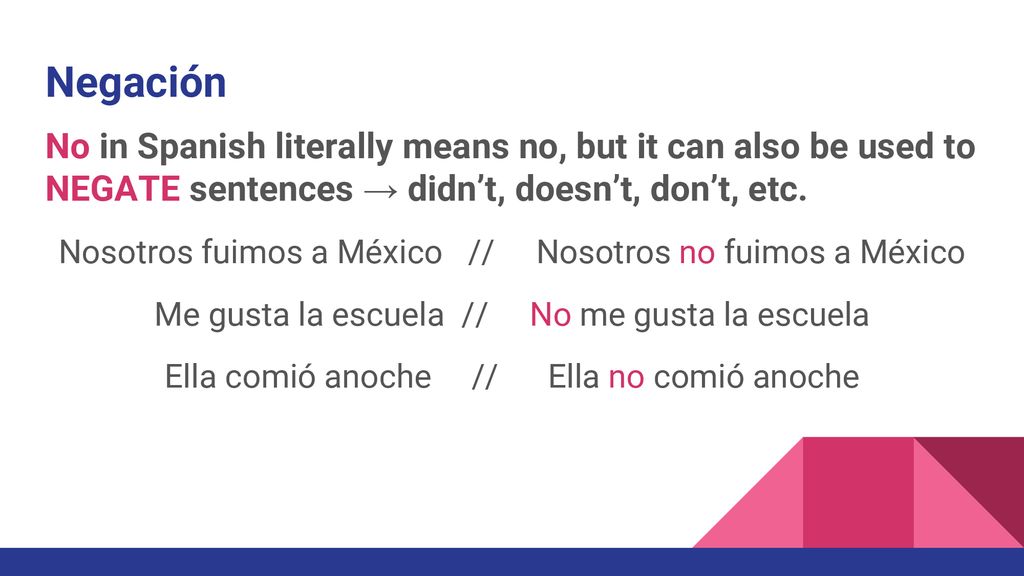 Negación No in Spanish literally means no, but it can also be used to NEGATE sentences → didn’t, doesn’t, don’t, etc.