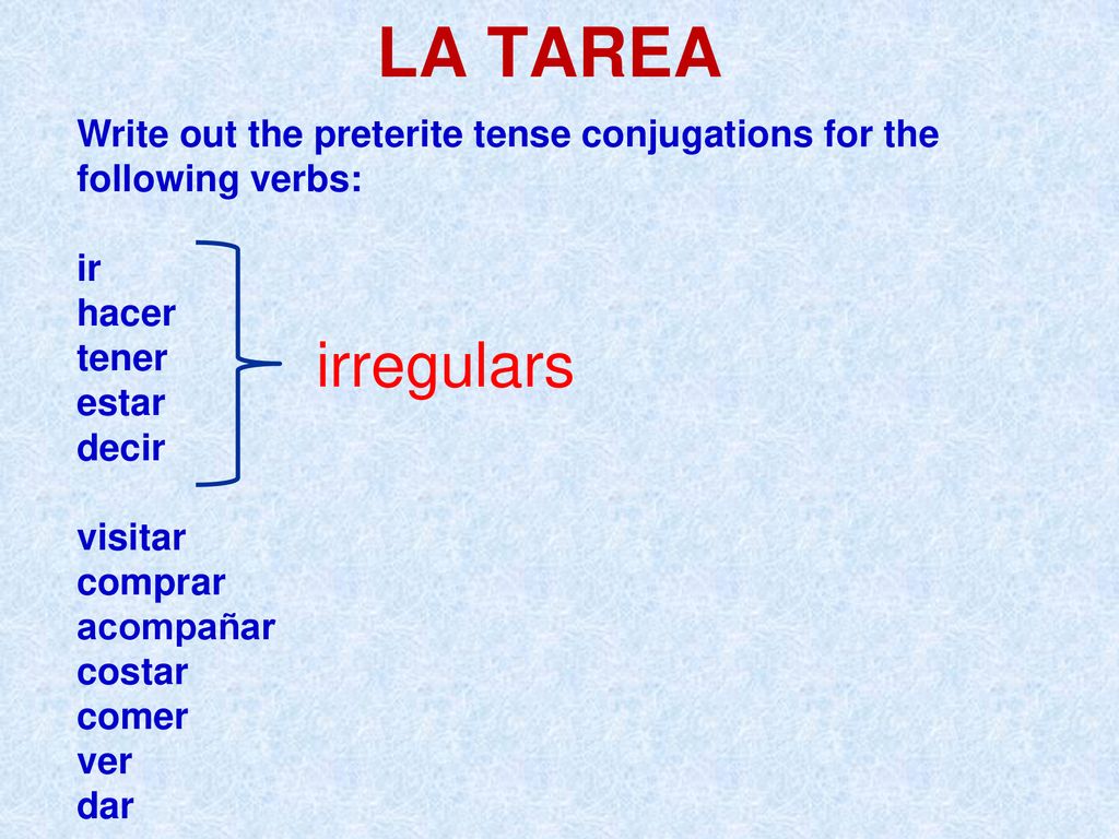 LA TAREA Write out the preterite tense conjugations for the following verbs: ir. hacer. tener. estar.