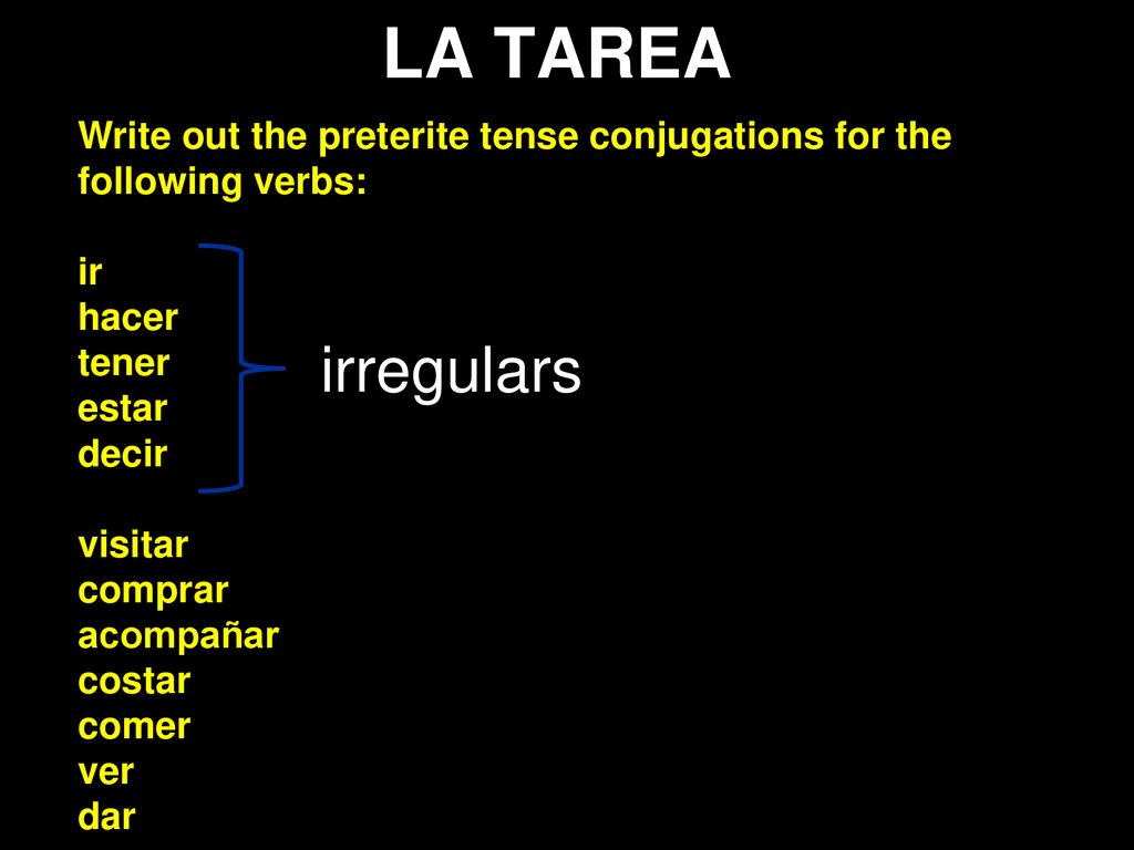 LA TAREA Write out the preterite tense conjugations for the following verbs: ir. hacer. tener. estar.