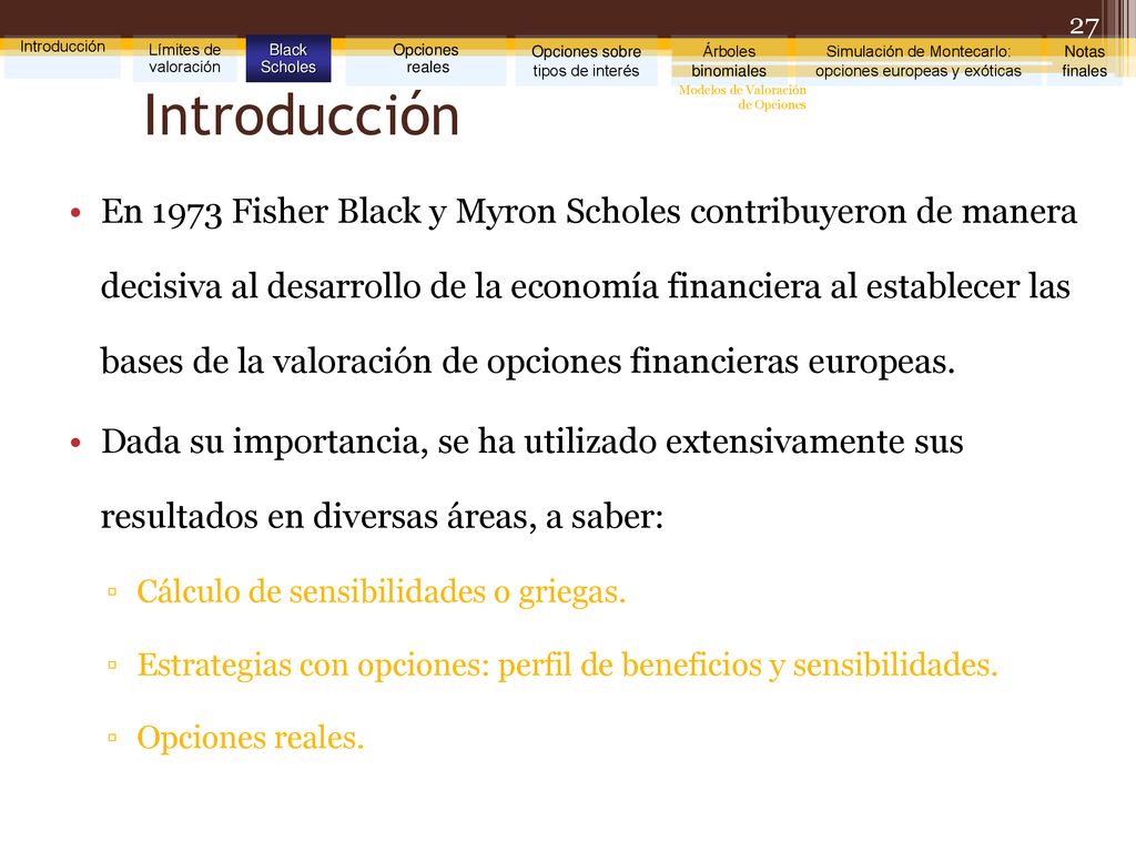 Introducción Límites de valoración. Black Scholes. Opciones. reales. Opciones sobre tipos de interés.