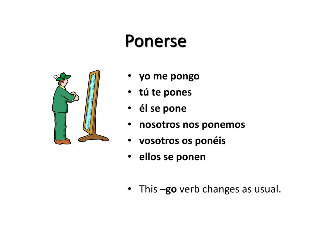 Ponerse yo me pongo tú te pones él se pone nosotros nos ponemos