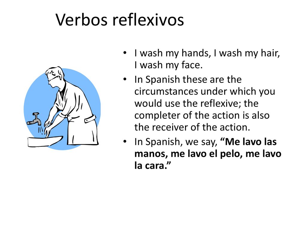 Verbos reflexivos I wash my hands, I wash my hair, I wash my face.