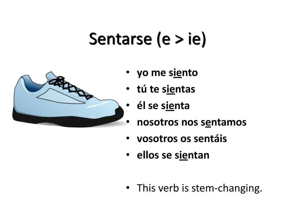 Sentarse (e > ie) yo me siento tú te sientas él se sienta