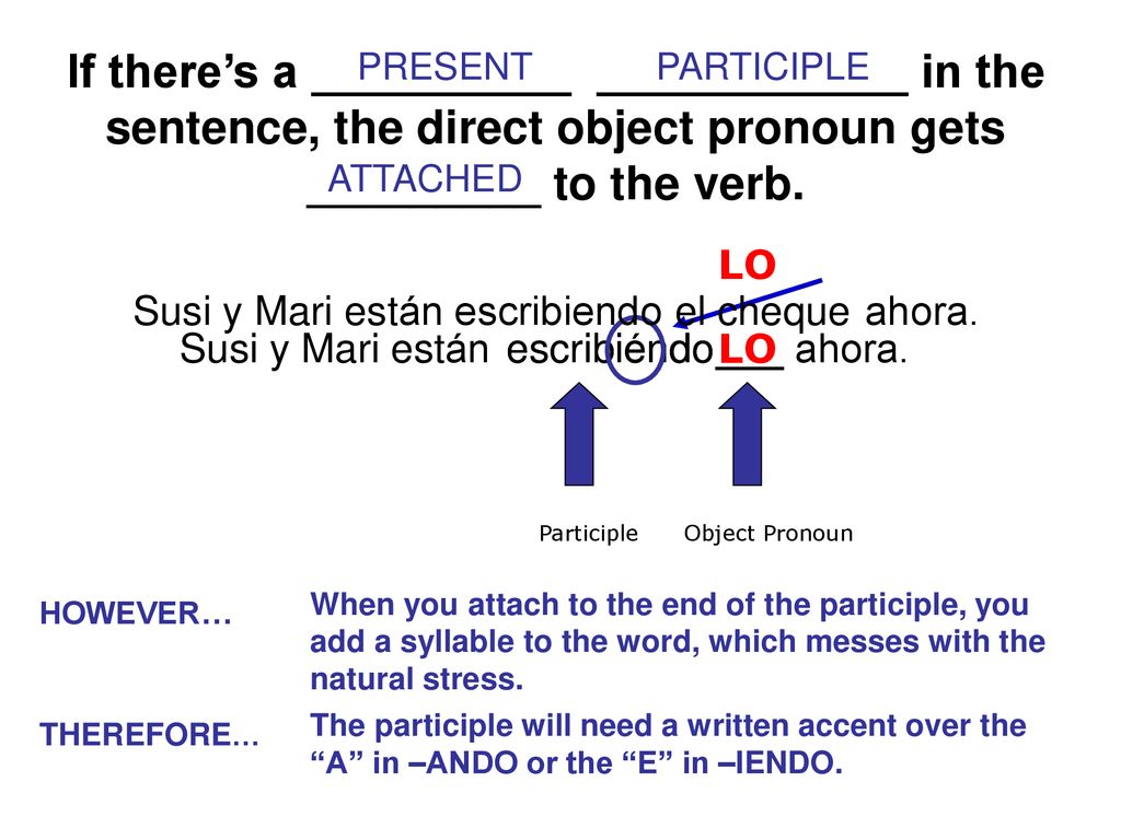 If there’s a __________ ____________ in the sentence, the direct object pronoun gets _________ to the verb.