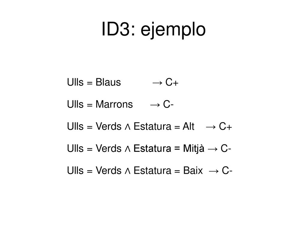 ID3: ejemplo Ulls = Blaus → C+ Ulls = Marrons → C-