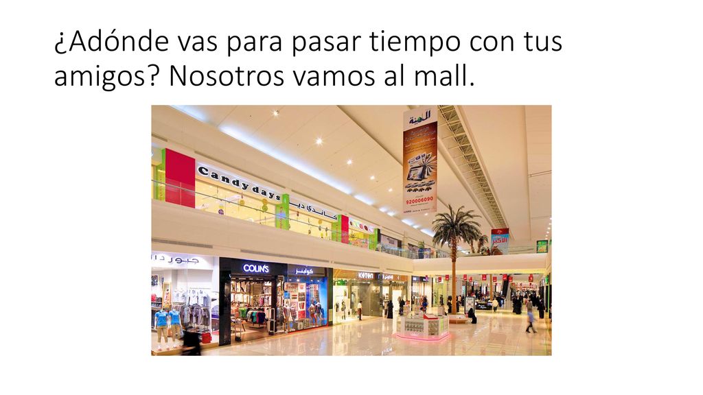 ¿Adónde vas para pasar tiempo con tus amigos Nosotros vamos al mall.