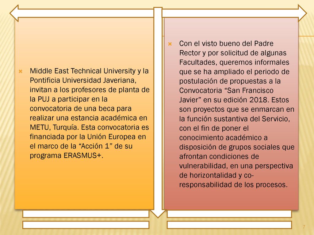 Middle East Technical University y la Pontificia Universidad Javeriana, invitan a los profesores de planta de la PUJ a participar en la convocatoria de una beca para realizar una estancia académica en METU, Turquía. Esta convocatoria es financiada por la Unión Europea en el marco de la Acción 1 de su programa ERASMUS+.
