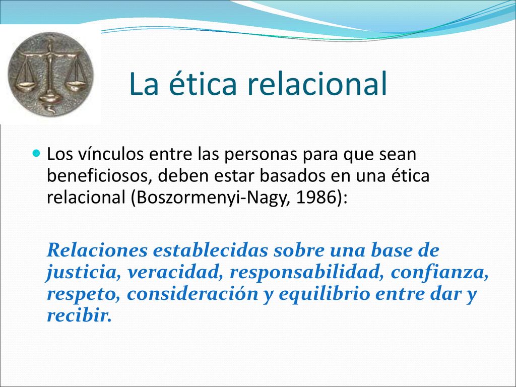 La ética relacional Los vínculos entre las personas para que sean beneficiosos, deben estar basados en una ética relacional (Boszormenyi-Nagy, 1986):