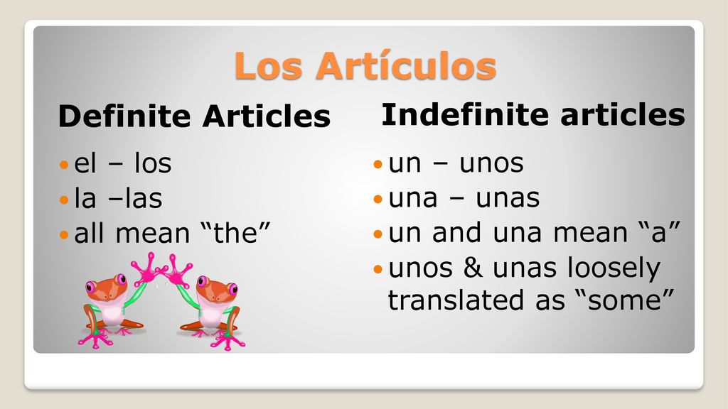 Los Artículos Definite Articles Indefinite articles el – los un – unos