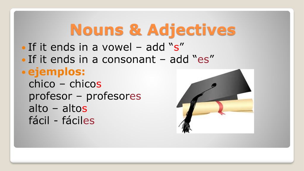 Nouns & Adjectives If it ends in a vowel – add s