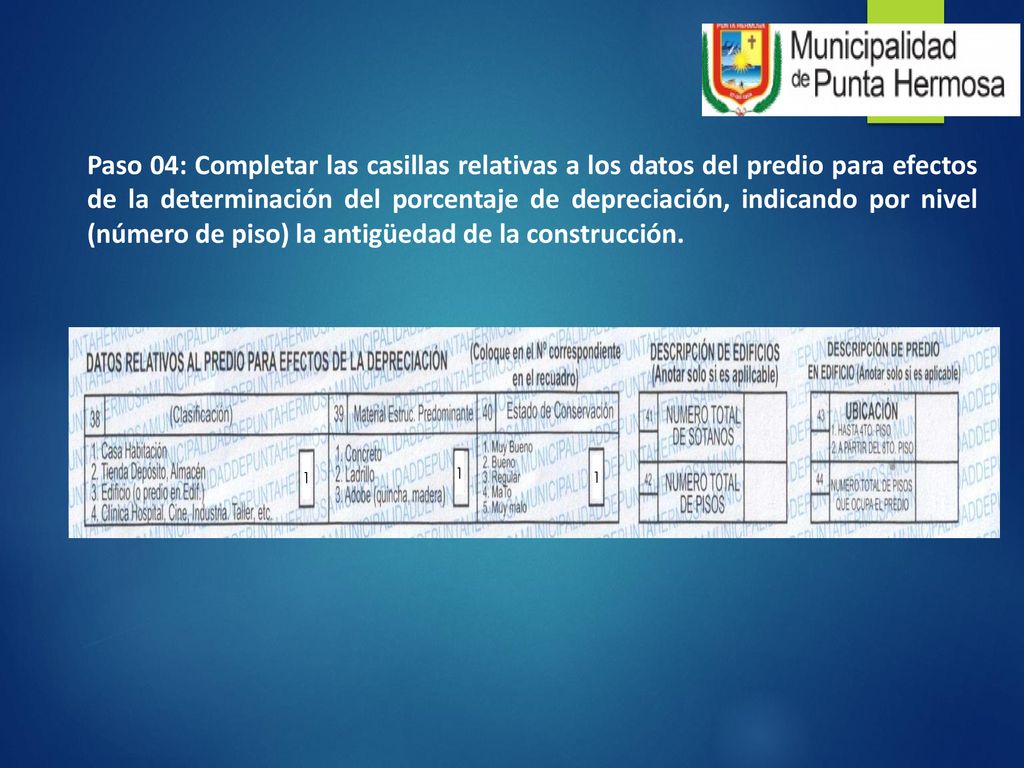 Paso 04: Completar las casillas relativas a los datos del predio para efectos de la determinación del porcentaje de depreciación, indicando por nivel (número de piso) la antigüedad de la construcción.