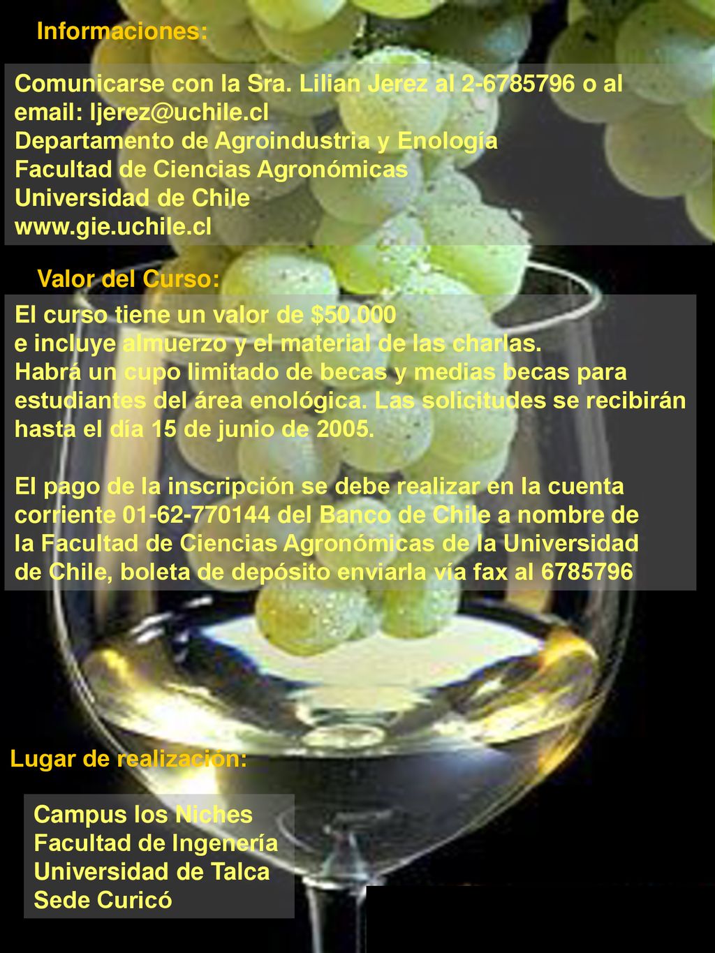 Informaciones: Comunicarse con la Sra. Lilian Jerez al o al.   Departamento de Agroindustria y Enología.
