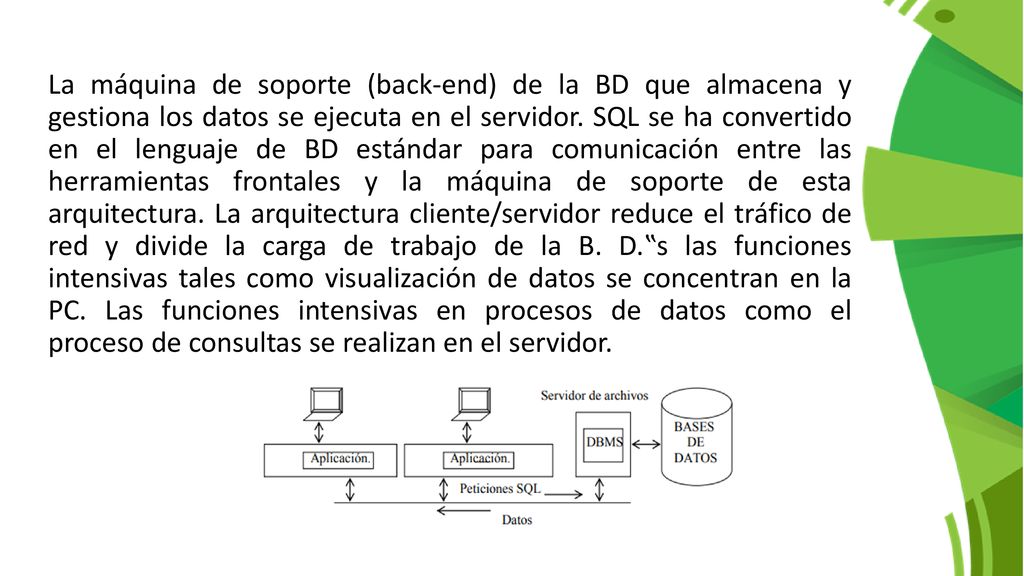 La máquina de soporte (back-end) de la BD que almacena y gestiona los datos se ejecuta en el servidor.