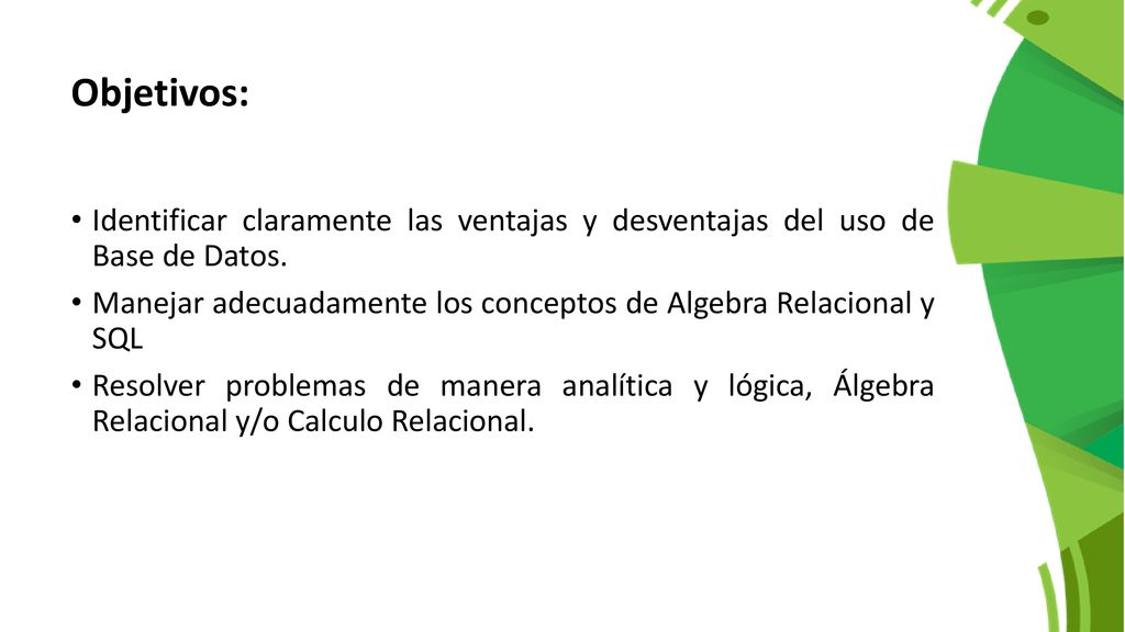 Objetivos: Identificar claramente las ventajas y desventajas del uso de Base de Datos.