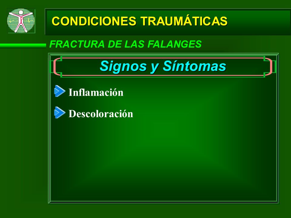 Signos y Síntomas CONDICIONES TRAUMÁTICAS Inflamación Descoloración
