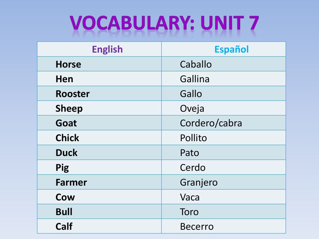 Vocabulary: Unit 7 English Español Horse Caballo Hen Gallina Rooster